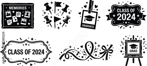 Black and white class of 2024 graduate icons with memories board ribbons and pins