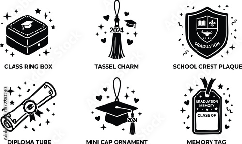 Black and white graduation 2024 tassel charm mini cap and diploma tube vector art