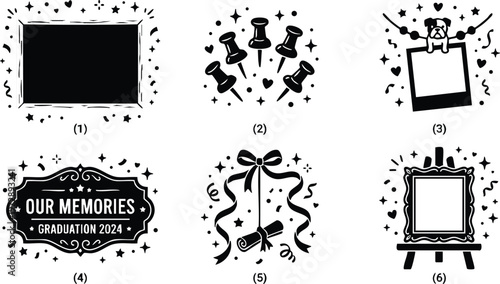 Black and white our memories graduation 2024 sign with decorative frame and stars vector art