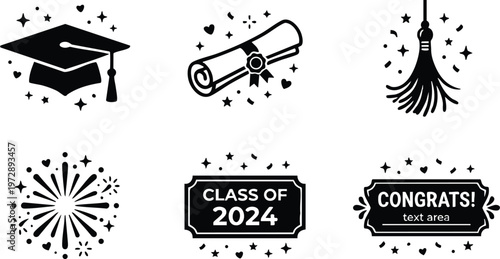Black and white graduation cap diploma fireworks class of 2024 congrats vector art