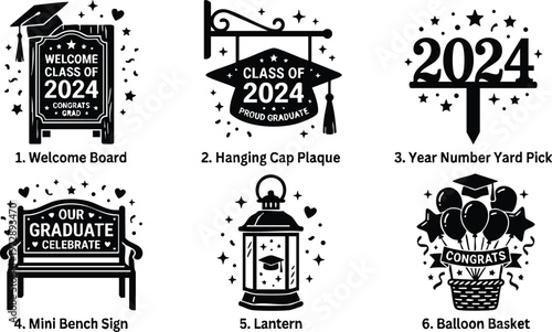 Black and white class of 2024 graduation decorations including welcome board hanging cap plaque and balloon basket