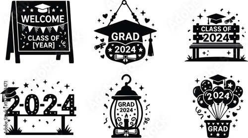 Black and white 2024 graduation cap balloons lantern and welcome sign vector art