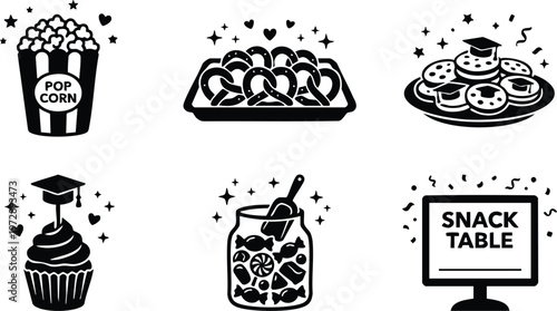 Black and white snack table with popcorn pretzels cookies cupcake and candy jar icons
