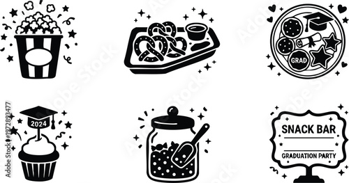 Black and white snack bar sign with graduation party text and food icons
