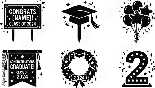 Black and white class of 2024 graduation icons with cap balloons and congratulation signs