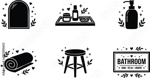 Black and white bathroom essentials icons with mirror towel stool and soap dispenser