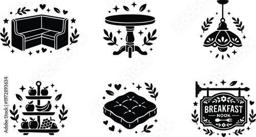 Black and white breakfast nook furniture and decor icons set with corner sofa and pendant lamp