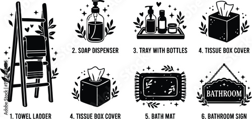 Black and white bathroom items set with towel ladder soap dispenser tray bath mat tissue box and sign vector art