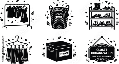 Black and white icon set clothes laundry storage and closet organization flat design