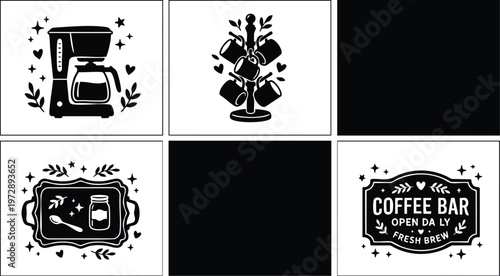 Black and white coffee maker mug holder tray and coffee bar sign vector art