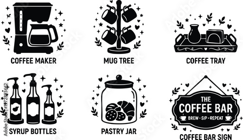 Black and white coffee bar sign syrup bottles coffee maker mug tree pastry jar coffee tray icons
