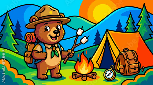 Smiling bear roasting marshmallow outdoors.