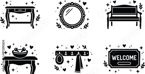 Black and white vintage style furniture and welcome sign vector set