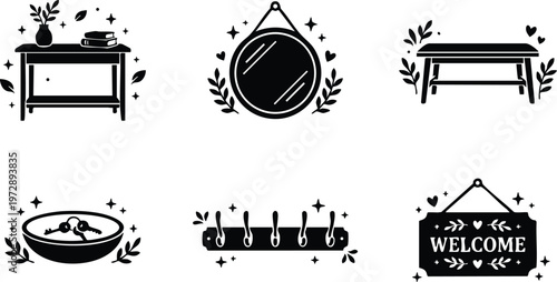 Black and white welcome sign key bowl mirror coat hooks rustic home decor vector art