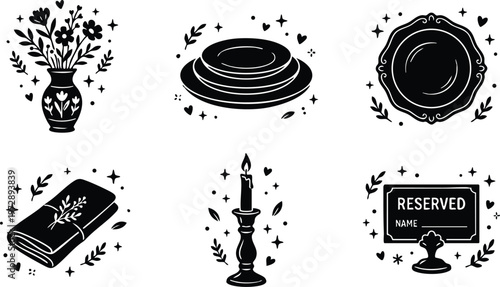 Black and white floral vase plates candle and reserved sign vector art set