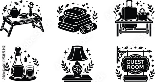 Black and white guest room welcome tray towels luggage lamp and sign vector art