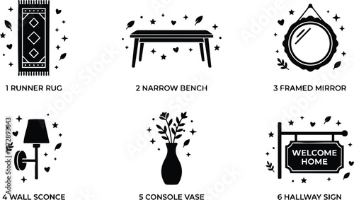 Black and white framed mirror runner rug narrow bench wall sconce console vase and hallway sign vector art