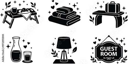 Black and white guest room icons with breakfast tray towels luggage lamp and sign