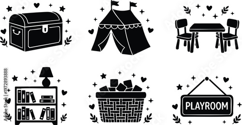 Black and white playroom icons chest tent table bookshelf basket and sign