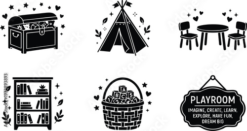 Black and white playroom icons with toy chest basket bookshelf and table