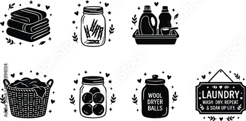 Black and white laundry icons with folded towels clothespins detergent basket and wool dryer balls