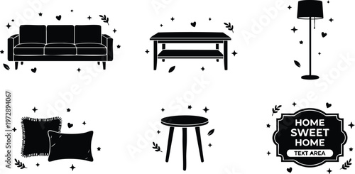 Black and white living room furniture icons with home sweet home sign