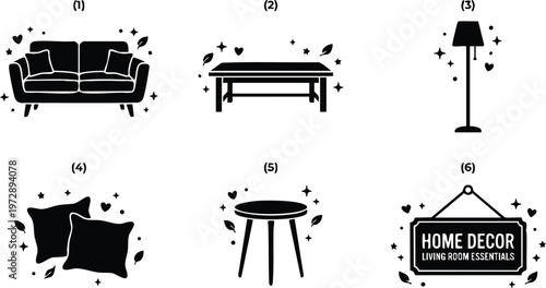 Black and white icons of living room furniture sofa lamp pillows and home decor sign