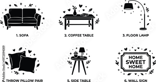 Black and white home furniture icons with sofa coffee table floor lamp and wall sign