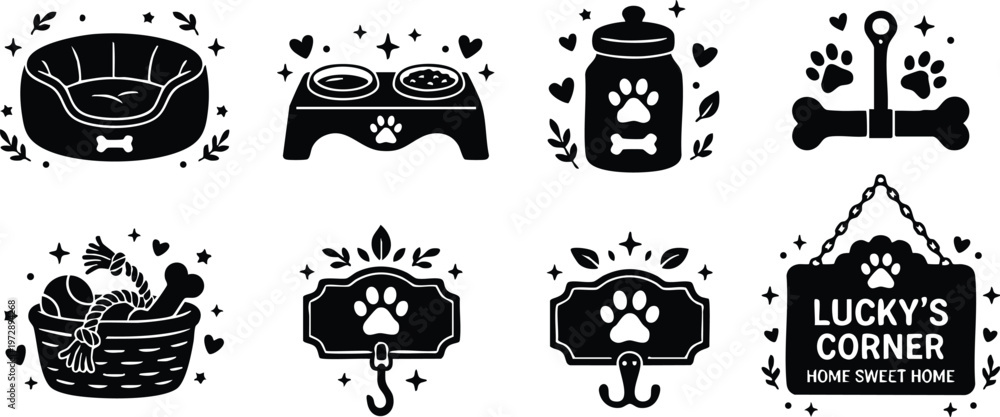 Obraz premium Black and white pet accessories set with food bowls bed and hooks vector art