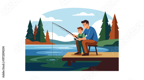 Father and son fishing together on a wooden pier by a forest lake