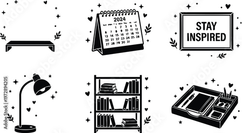 Black and white desk calendar inspirational frame lamp bookshelf and stationery tray vector art