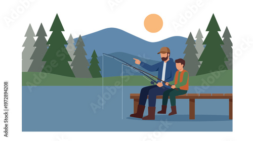 Father and Son Fishing Together on a Lake Pier Illustration
