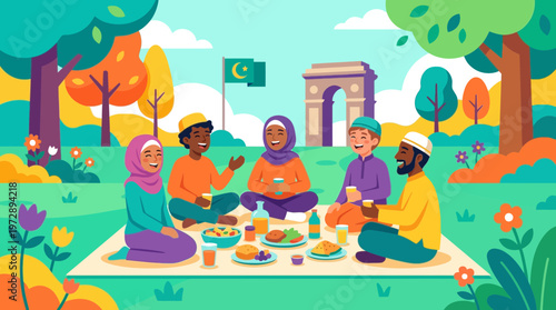 Diverse Muslim Friends Enjoying Eid Picnic in the Park