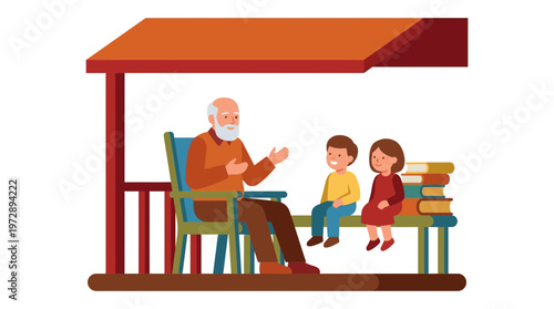 Grandfather telling stories to children on a porch with books