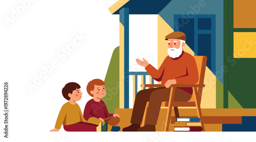 Grandfather telling stories to grandsons on a sunny porch illustration