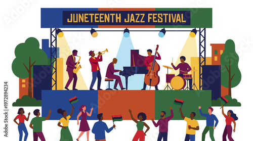 Juneteenth Jazz Festival Celebration with Musicians and Dancing Crowd