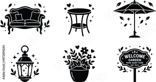 Black and white garden furniture and decorative plant vector icons with welcome sign and lantern