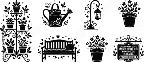 Garden pots watering can bench and lamp illustrations
