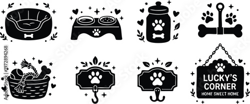 Black and white pet accessories set with food bowls bed and hooks vector art