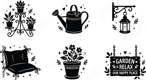 Black and white garden relax our happy place sign with plants watering can and lantern vector art