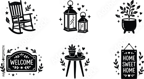Black and white welcome and home sweet home signs with rocking chair lantern plant and table vector art