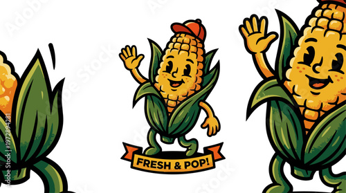 Cartoon corn character waving happily.