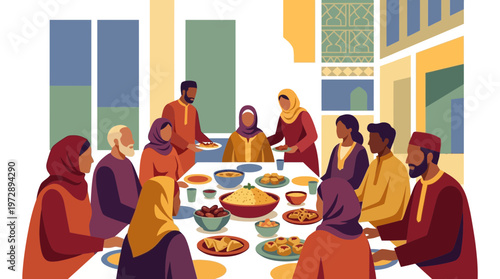 Muslim family sharing Iftar meal during Ramadan flat illustration