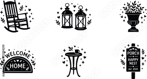 Black silhouette rocking chair lanterns potted plant welcome home sign cozy porch set