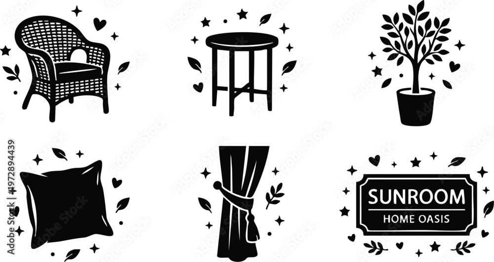 Fototapeta premium Black and white vector art sunroom home oasis wicker chair table plant cushion and curtain