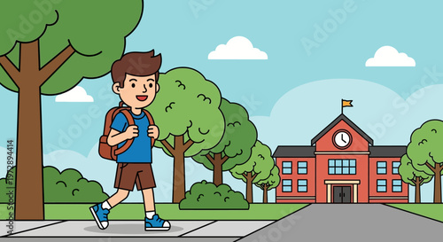 Boy walking to school with backpack 1.