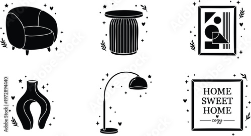 Black and white vector art home decor icons with cozy phrase and furniture