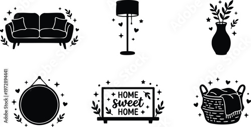 Black silhouette home sweet home sign sofa lamp vase basket decorative vector art