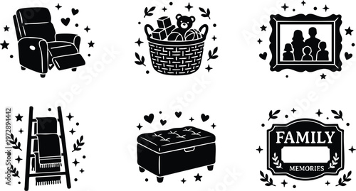 Black and white family memories label with toy basket chair and photo frame icons