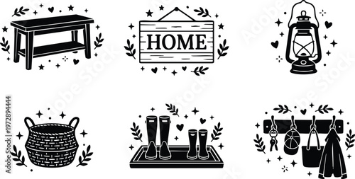 Black and white home decor icons with bench lantern basket rain boots and coat rack
